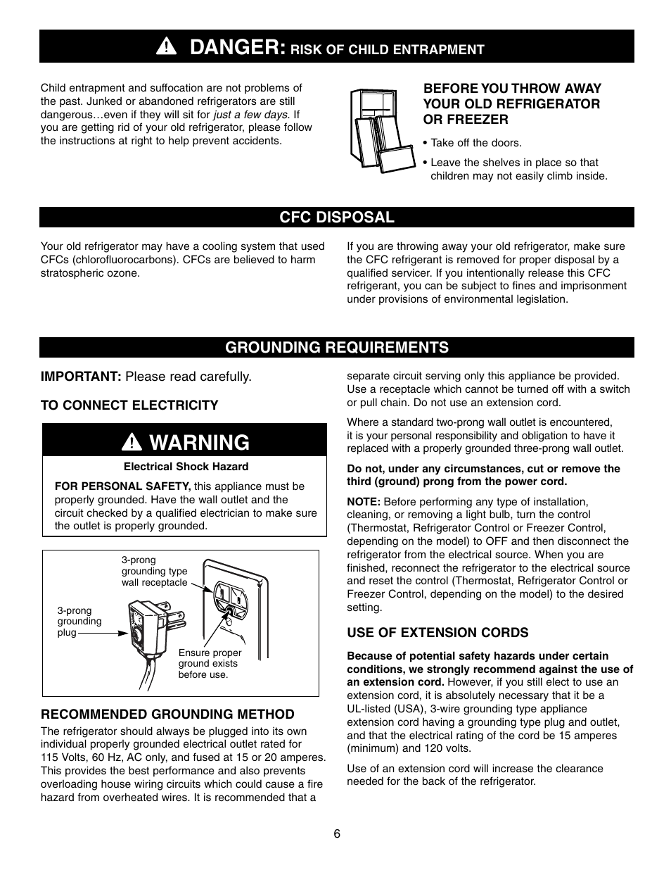 Warning, Danger, Cfc disposal grounding requirements | LG LFD21860 User Manual | Page 6 / 36