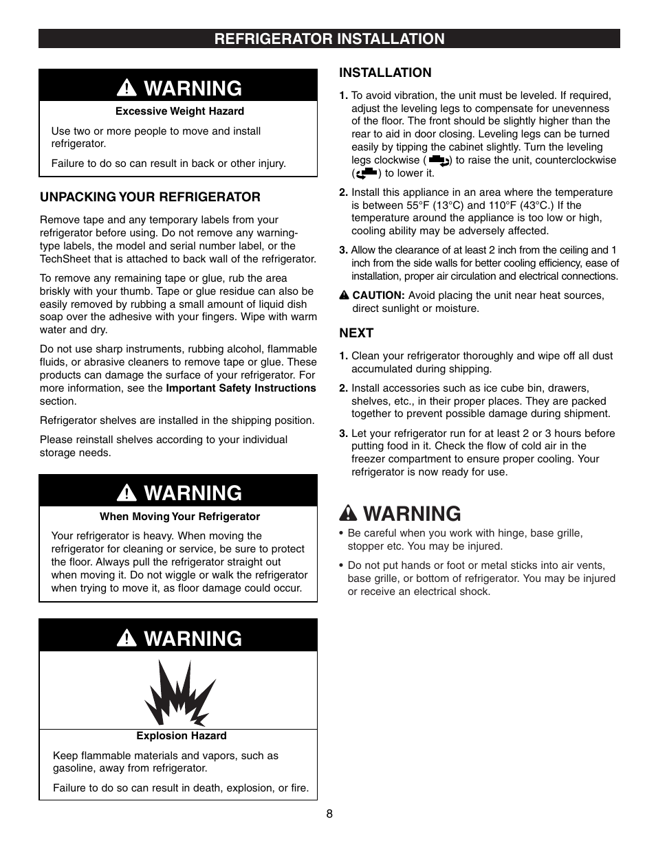 Wwarning, Warning, Refrigerator installation | LG LFD21860 User Manual | Page 8 / 36