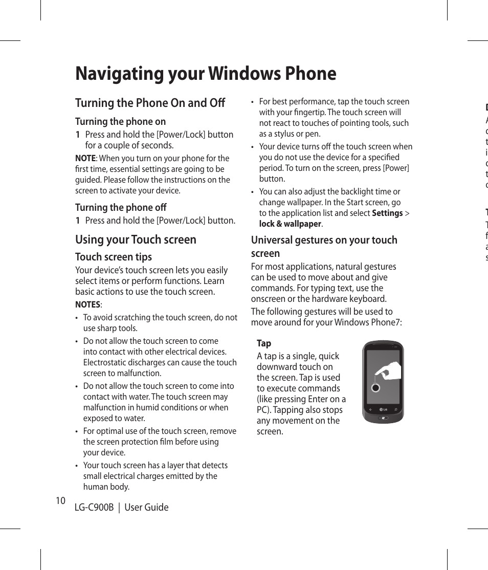 Navigating your windows phone, Turning the phone on and off, Using your touch screen | LG -C900B User Manual | Page 10 / 96