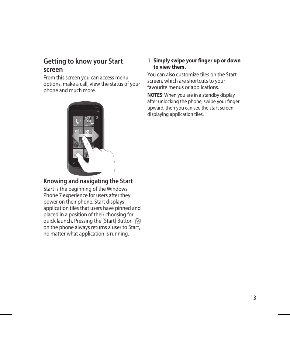 Getting to know your start screen | LG -C900B User Manual | Page 13 / 96