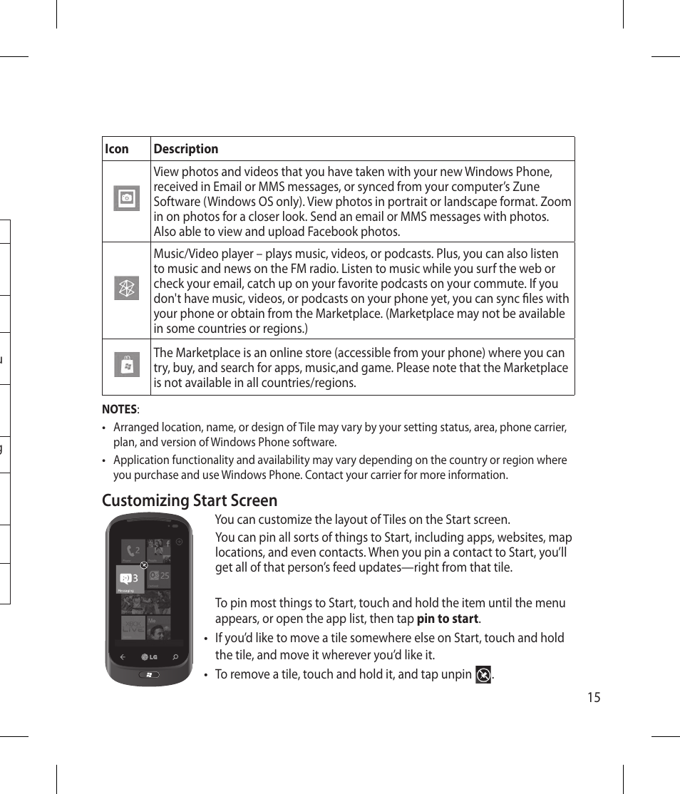 Customizing start screen | LG -C900B User Manual | Page 15 / 96