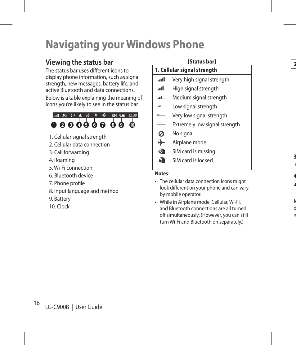 Navigating your windows phone, Viewing the status bar | LG -C900B User Manual | Page 16 / 96