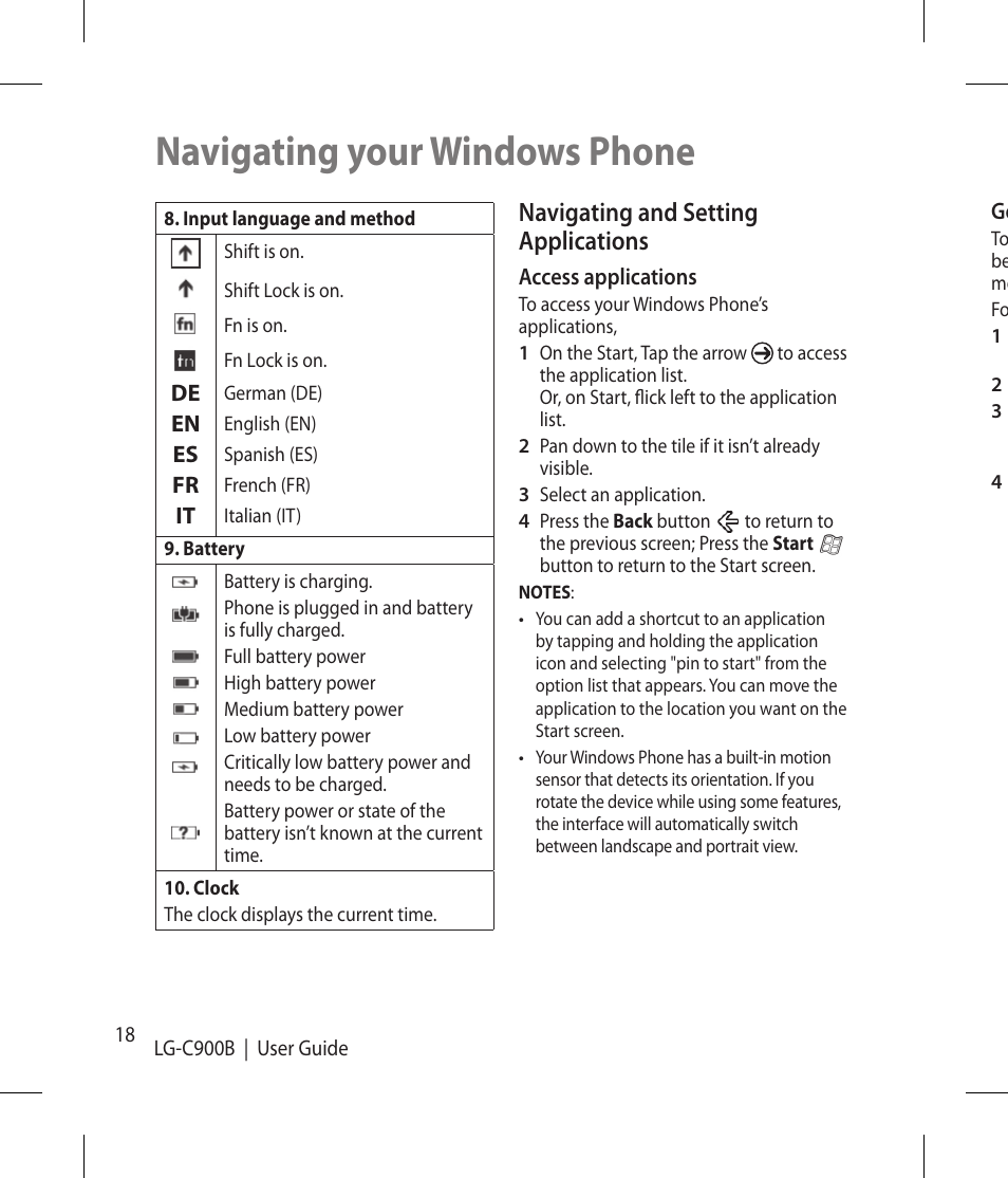 Navigating your windows phone, Navigating and setting applications | LG -C900B User Manual | Page 18 / 96