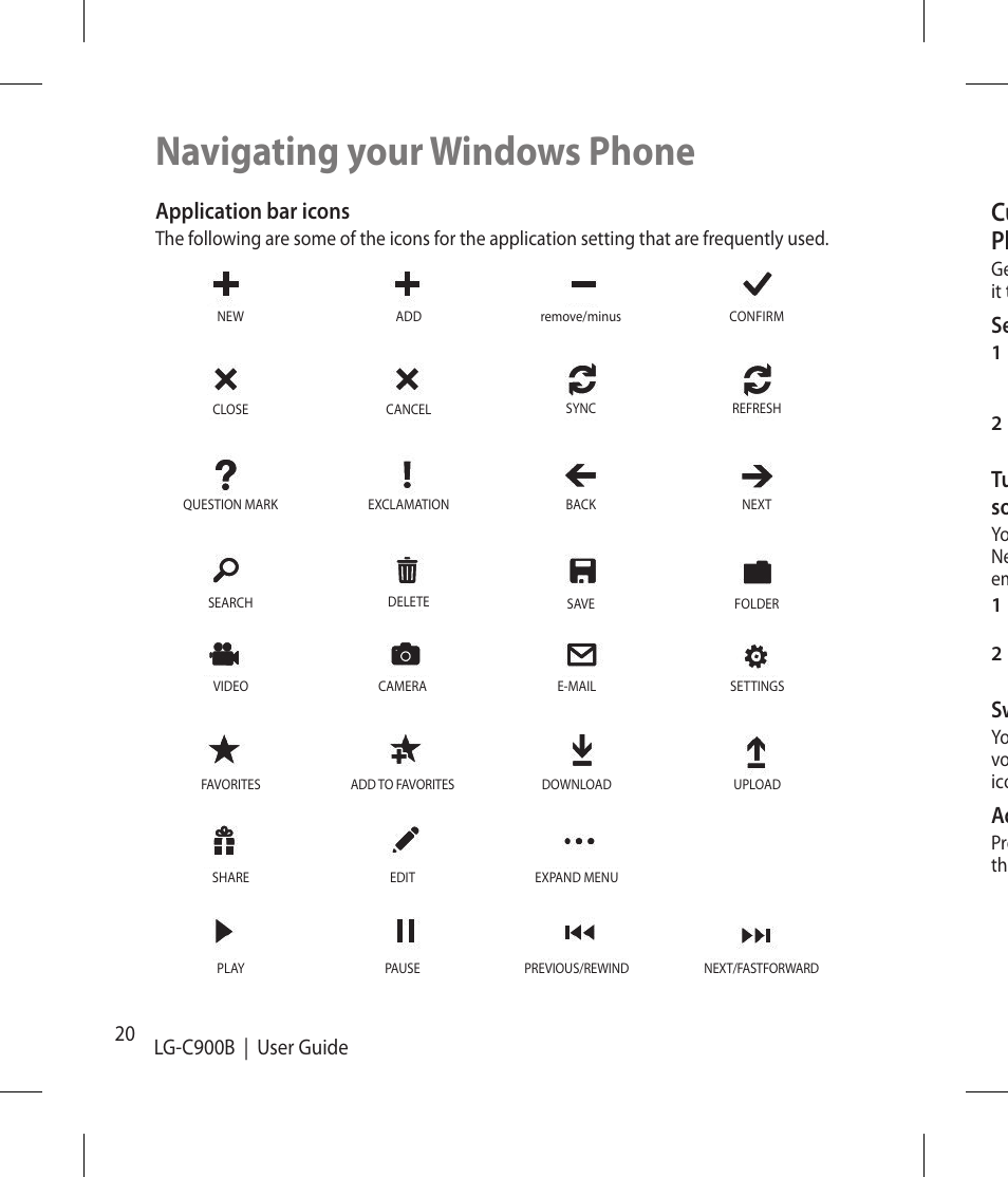 Navigating your windows phone, Cu ph, Application bar icons | Se tu so | LG -C900B User Manual | Page 20 / 96