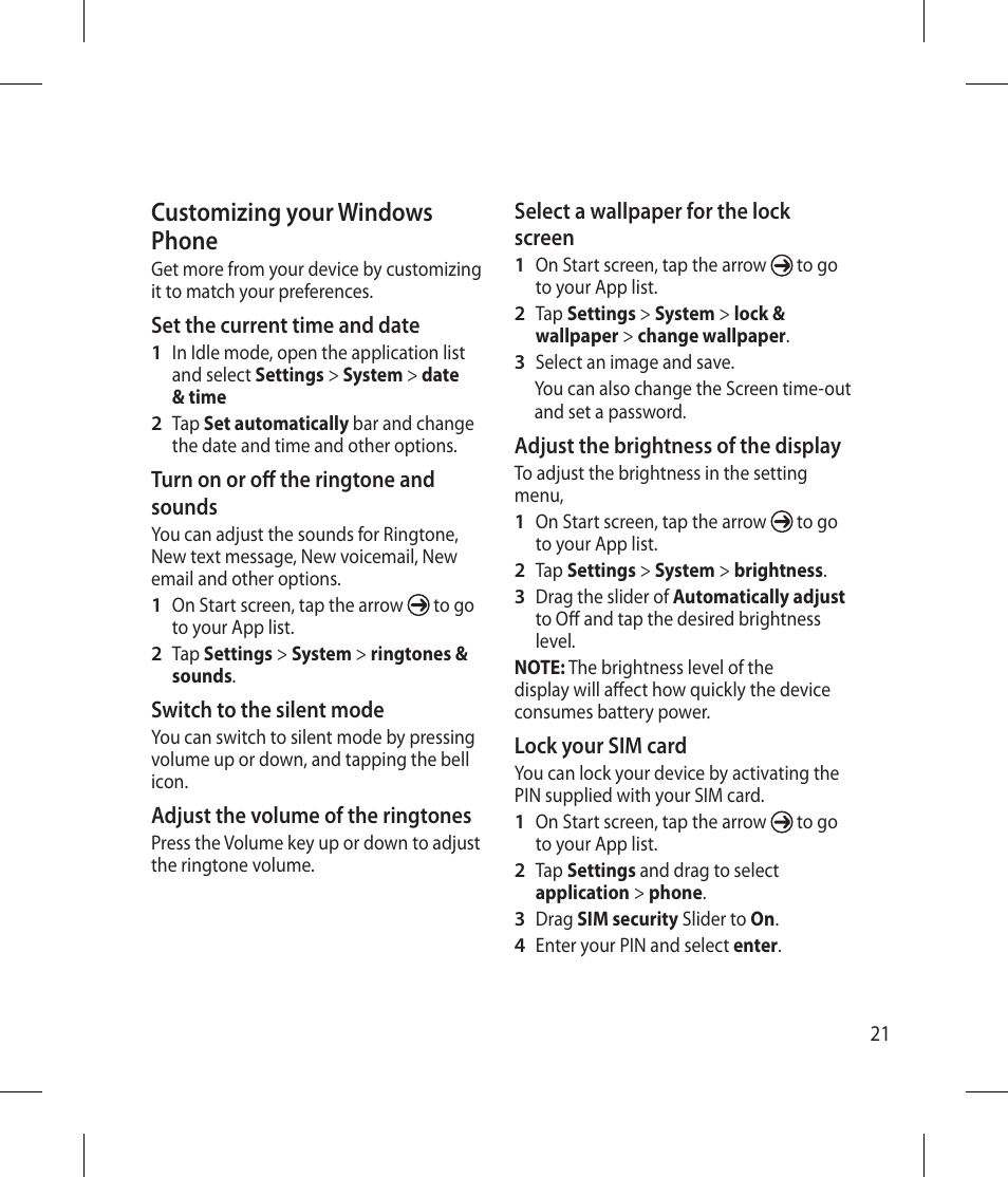 Customizing your windows phone | LG -C900B User Manual | Page 21 / 96