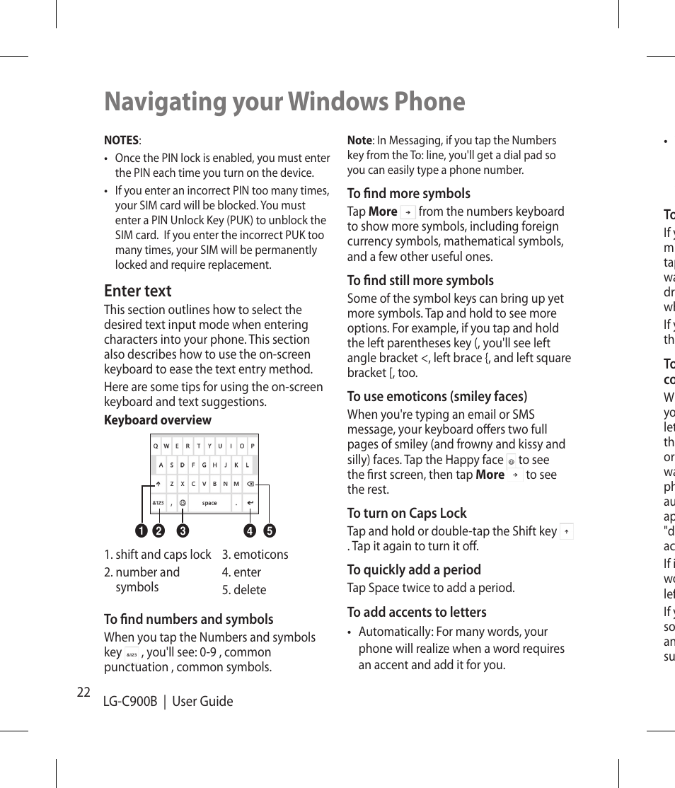 Navigating your windows phone, Enter text | LG -C900B User Manual | Page 22 / 96