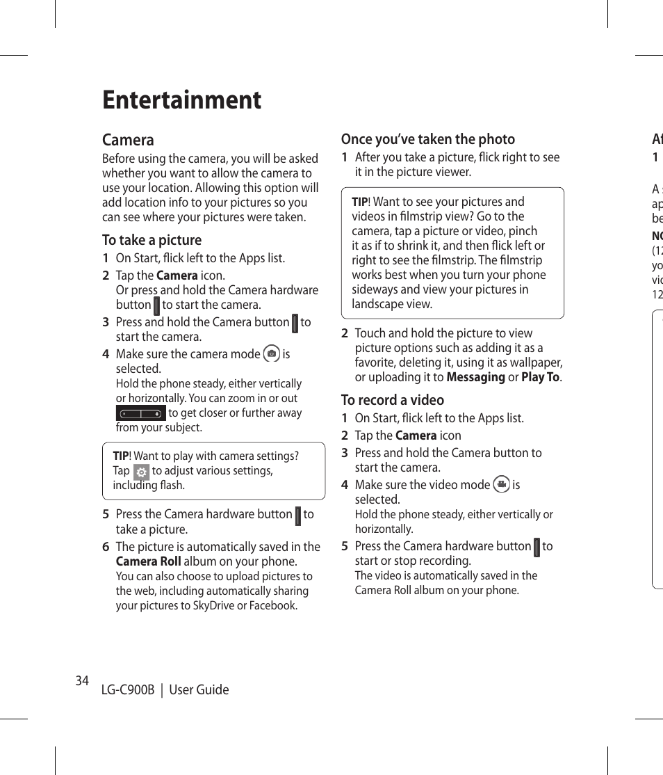 Entertainment, Camera | LG -C900B User Manual | Page 34 / 96