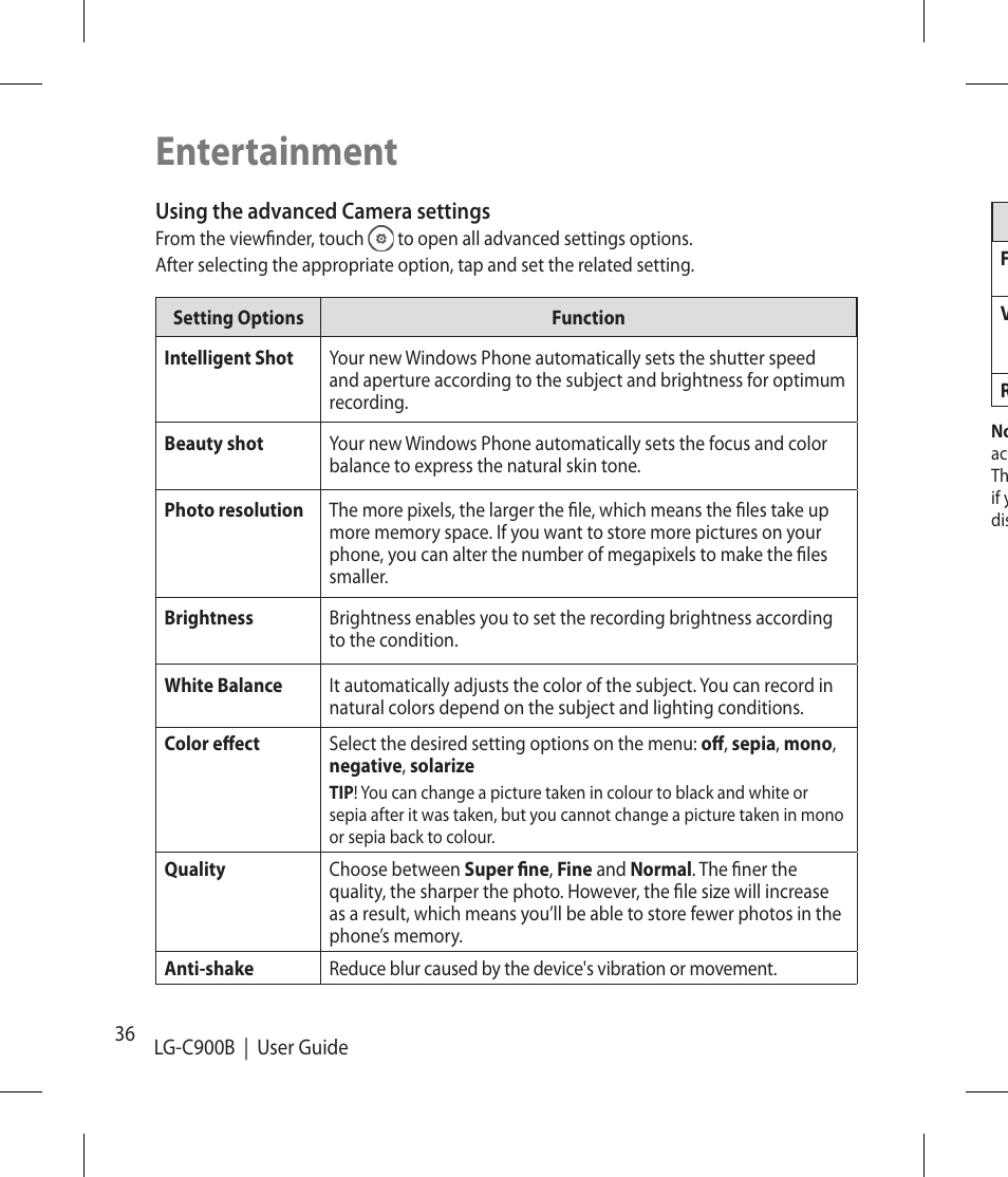 Entertainment | LG -C900B User Manual | Page 36 / 96