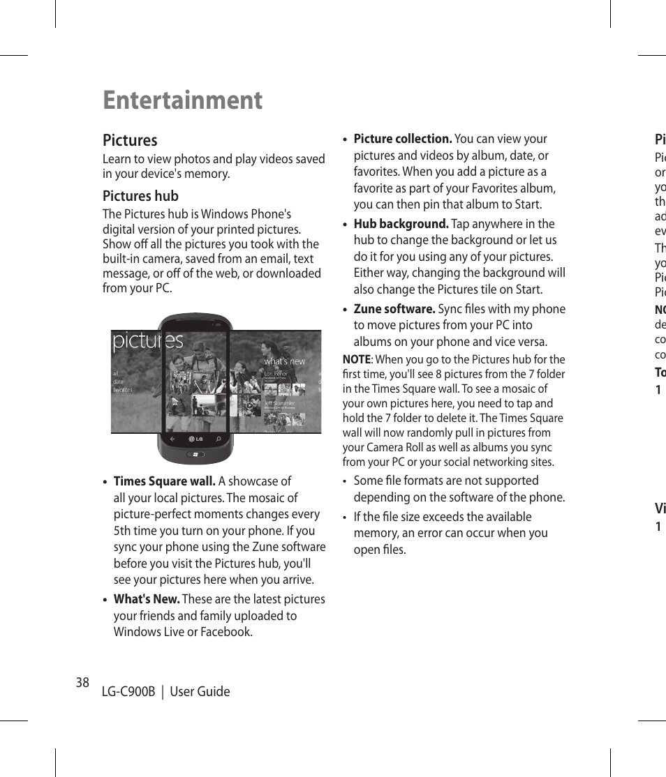 Entertainment, Pictures | LG -C900B User Manual | Page 38 / 96