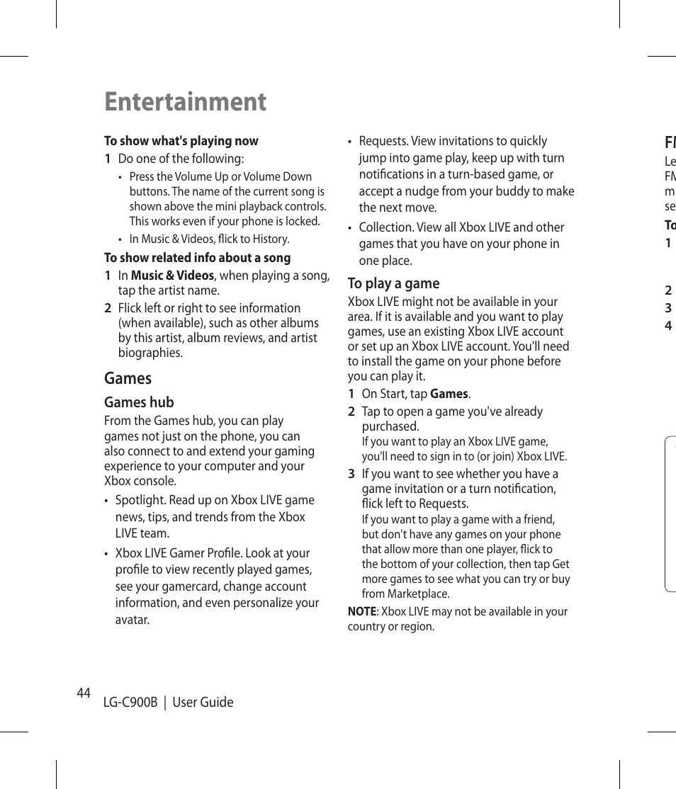 Entertainment, Games | LG -C900B User Manual | Page 44 / 96