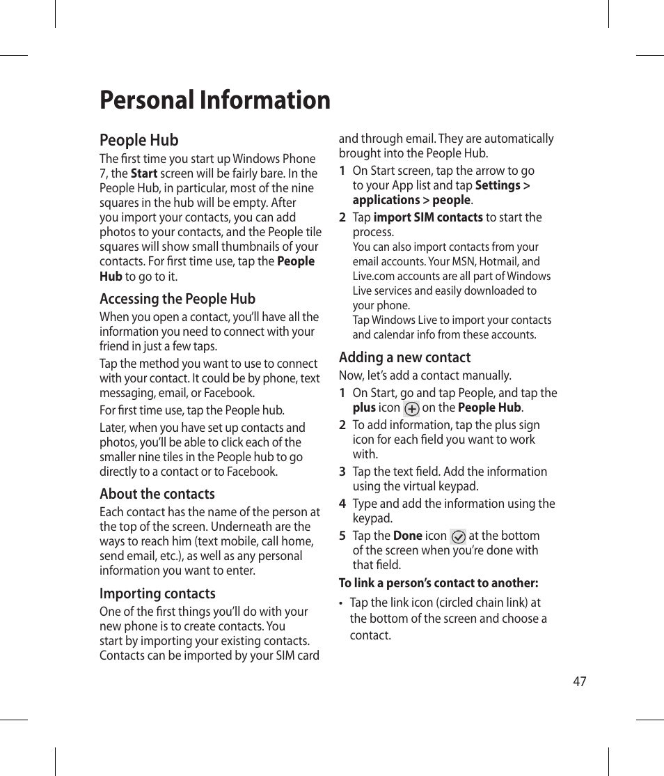 Personal information, People hub | LG -C900B User Manual | Page 47 / 96