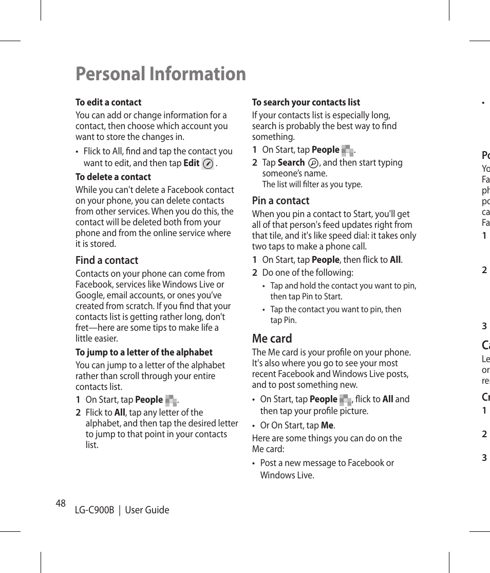 Personal information, Me card | LG -C900B User Manual | Page 48 / 96