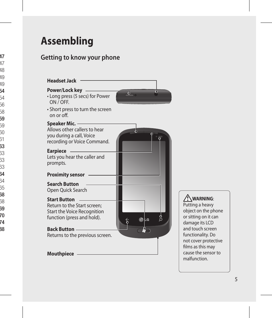 Assembling, Getting to know your phone | LG -C900B User Manual | Page 5 / 96