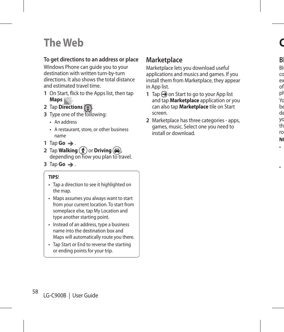 The web, Marketplace | LG -C900B User Manual | Page 58 / 96