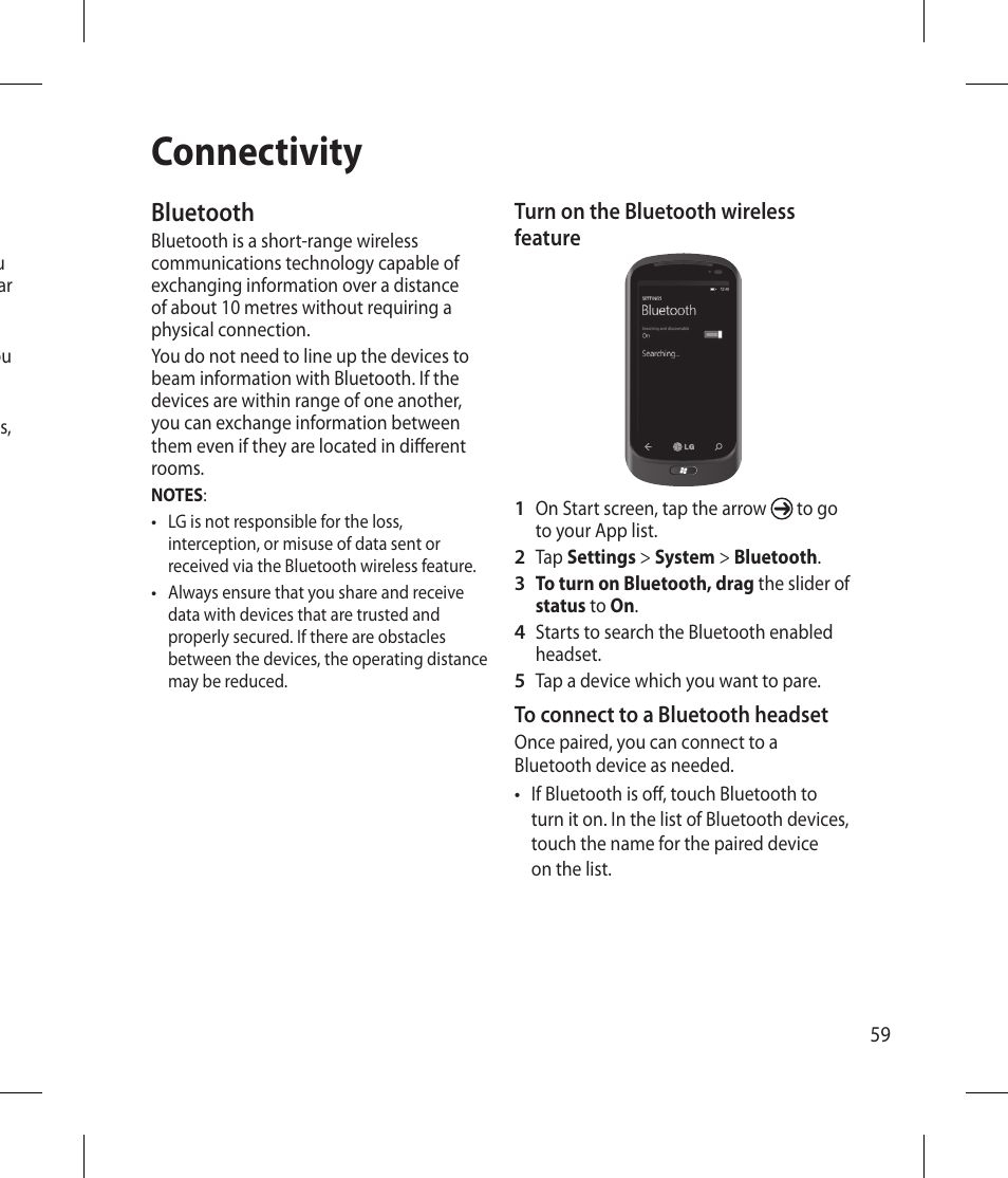 Connectivity, Bluetooth | LG -C900B User Manual | Page 59 / 96