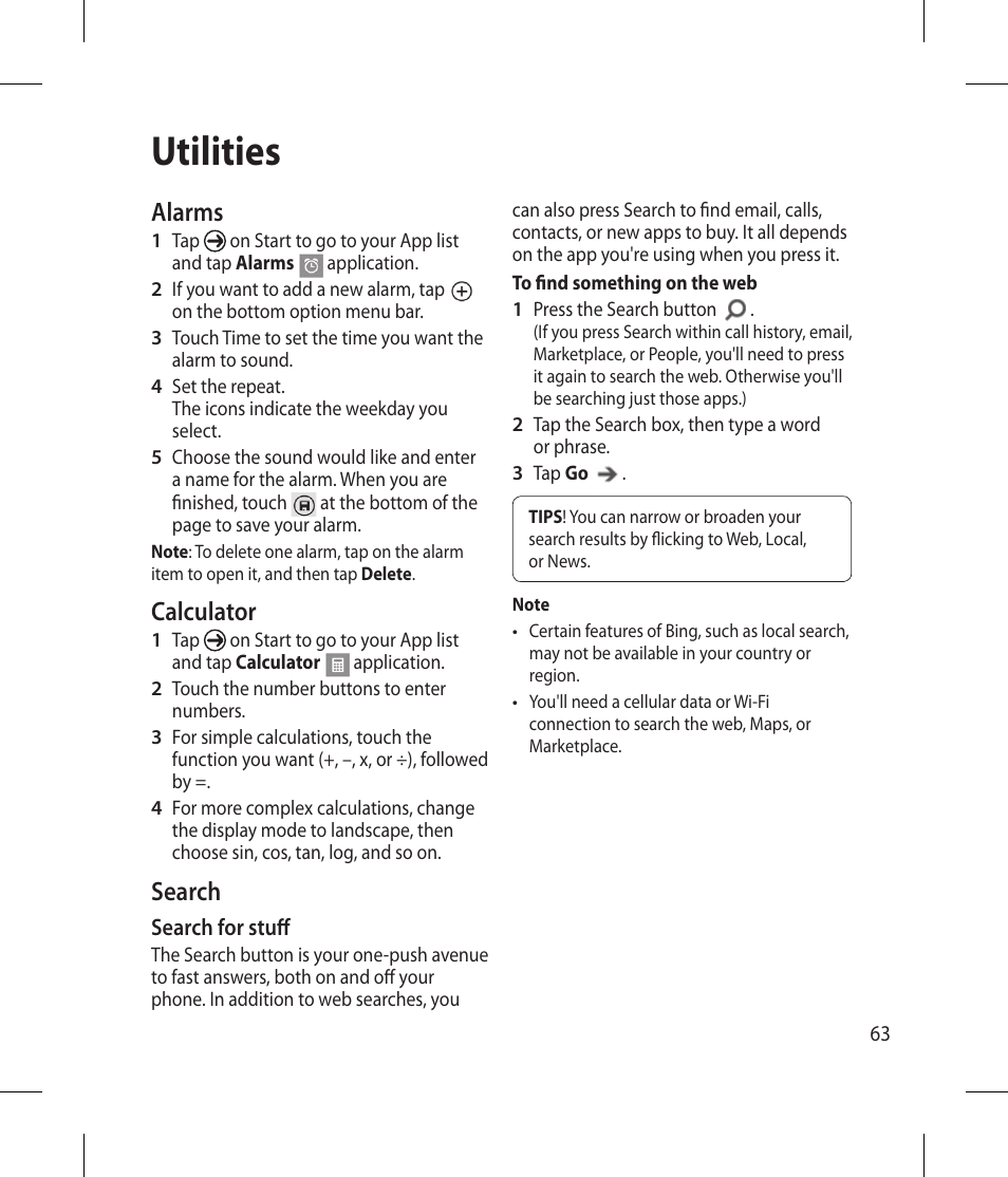 Utilities, Alarms, Calculator | Search | LG -C900B User Manual | Page 63 / 96
