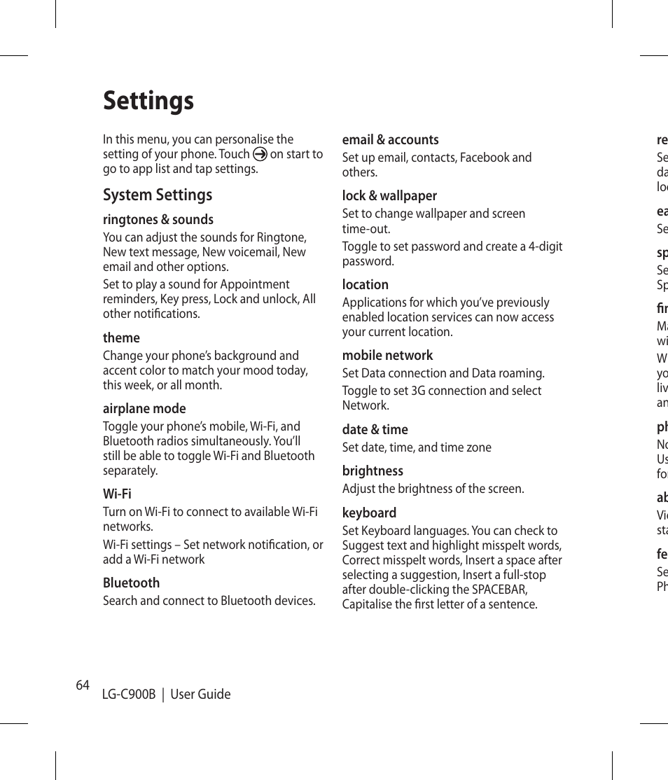 Settings, System settings | LG -C900B User Manual | Page 64 / 96