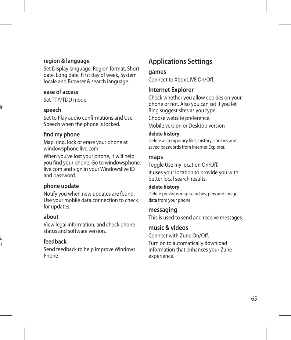 Applications settings | LG -C900B User Manual | Page 65 / 96