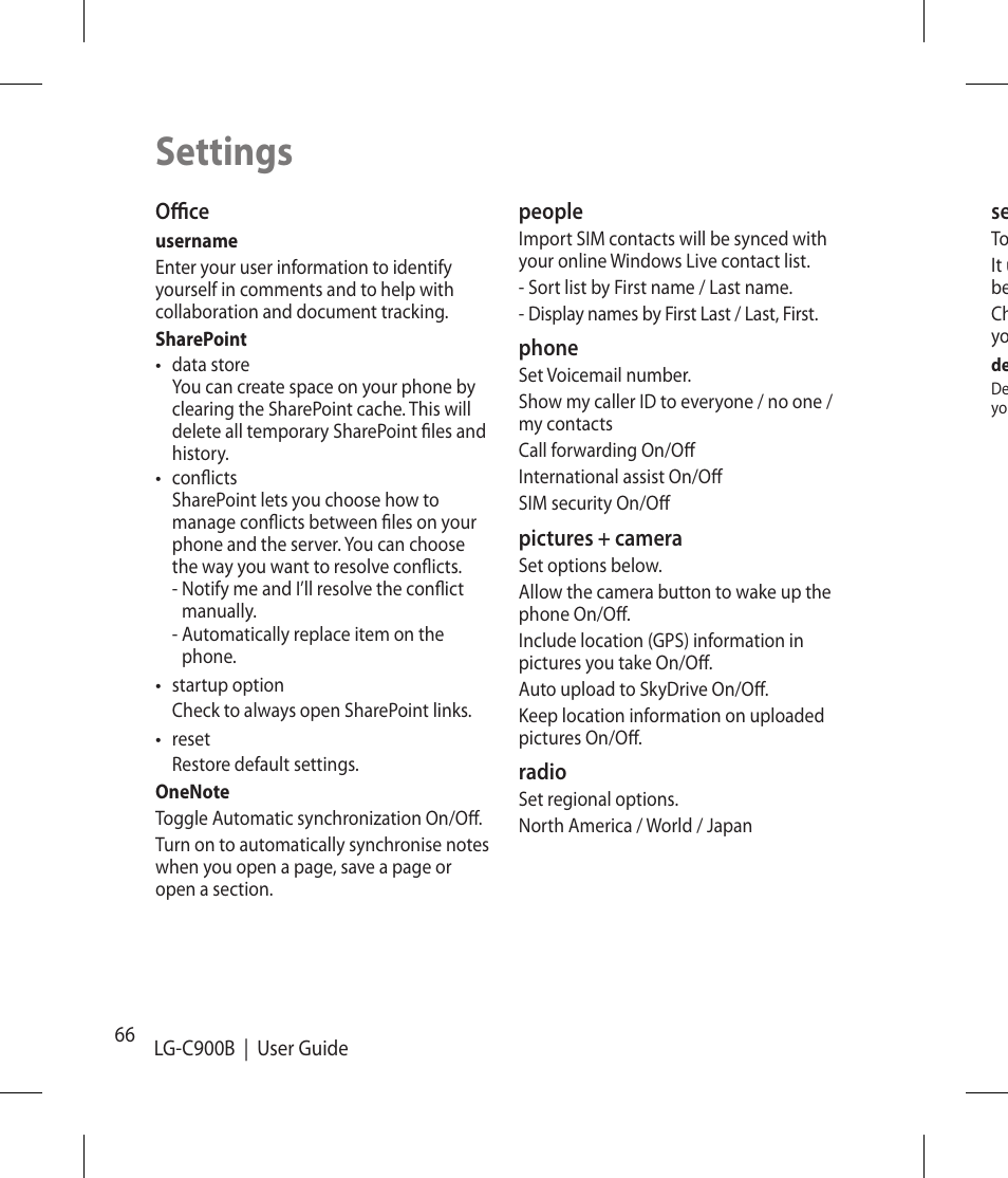 Settings | LG -C900B User Manual | Page 66 / 96