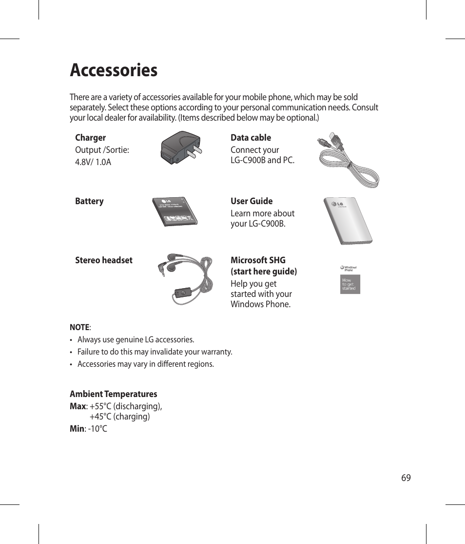 Accessories | LG -C900B User Manual | Page 69 / 96