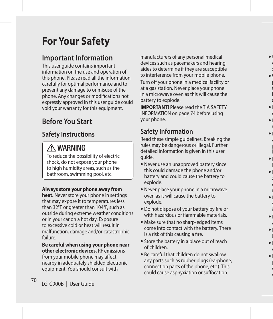 For your safety, Important information, Before you start | Warning, Safety instructions, Safety information | LG -C900B User Manual | Page 70 / 96