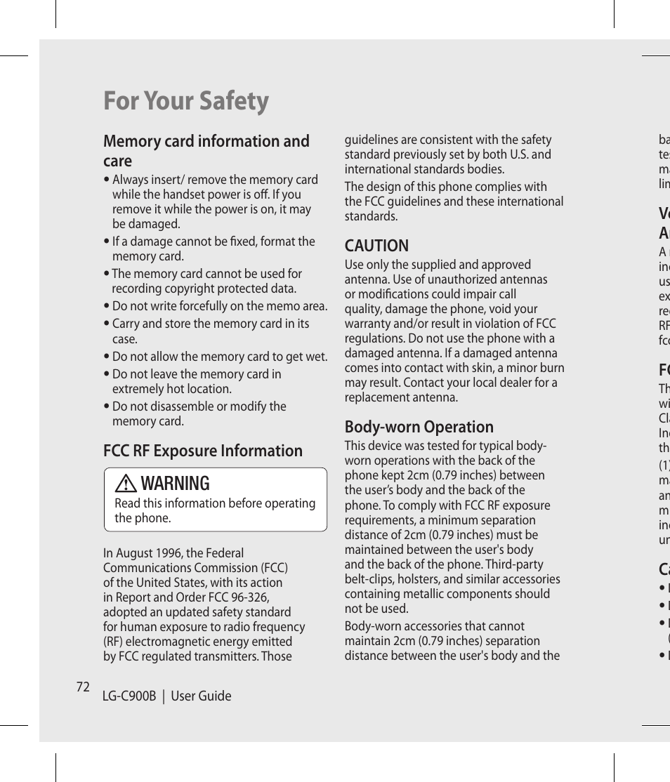 For your safety, Warning, Fcc rf exposure information | Caution, Body-worn operation, Ve an | LG -C900B User Manual | Page 72 / 96