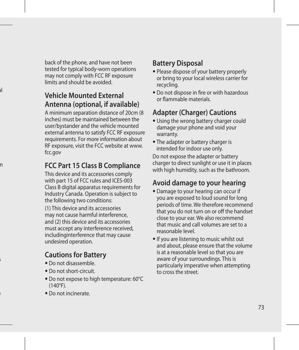 Fcc part 15 class b compliance, Cautions for battery, Battery disposal | Adapter (charger) cautions, Avoid damage to your hearing | LG -C900B User Manual | Page 73 / 96