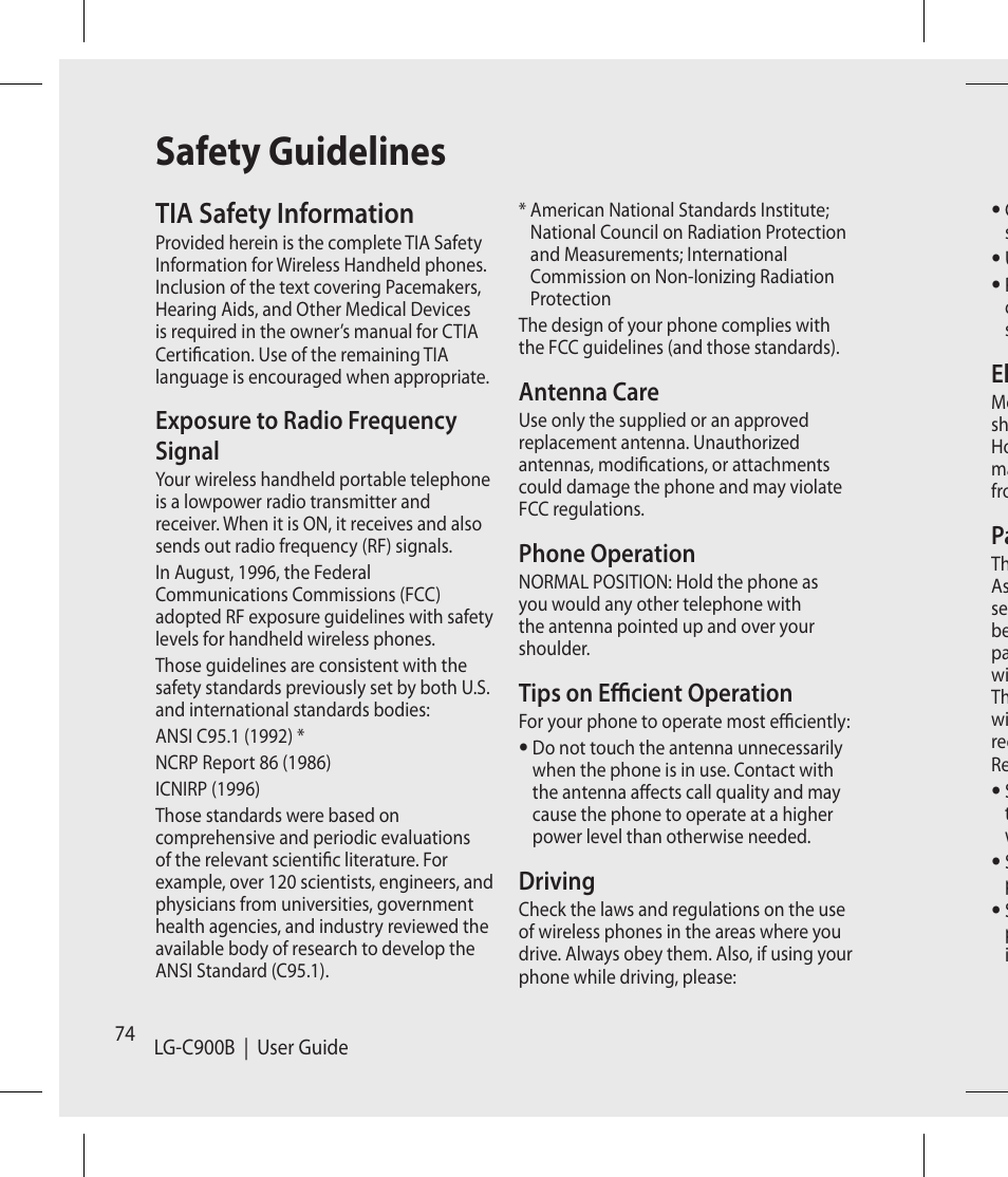 Safety guidelines, Tia safety information, Exposure to radio frequency signal | Antenna care, Phone operation, Tips on effi cient operation, Driving | LG -C900B User Manual | Page 74 / 96