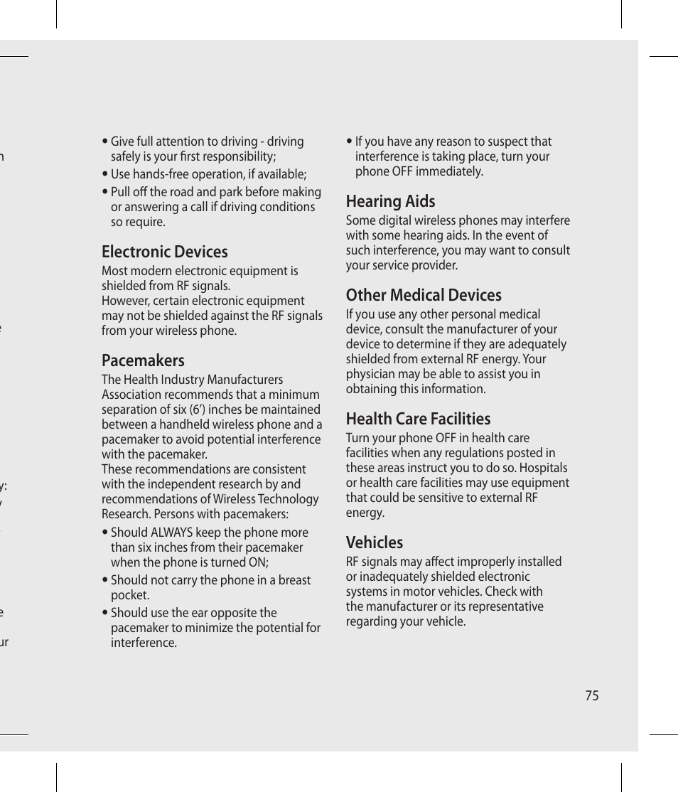 Electronic devices, Pacemakers, Hearing aids | Other medical devices, Health care facilities, Vehicles | LG -C900B User Manual | Page 75 / 96