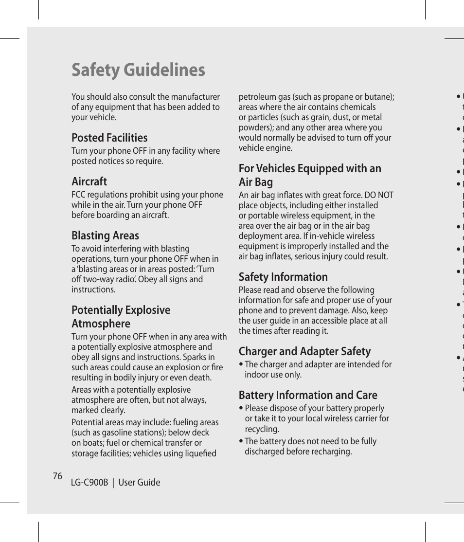 Safety guidelines, Posted facilities, Aircraft | Blasting areas, Potentially explosive atmosphere, For vehicles equipped with an air bag, Safety information, Charger and adapter safety, Battery information and care | LG -C900B User Manual | Page 76 / 96