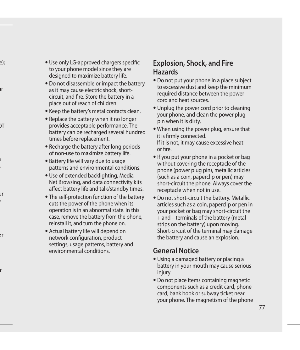 Explosion, shock, and fire hazards, General notice | LG -C900B User Manual | Page 77 / 96