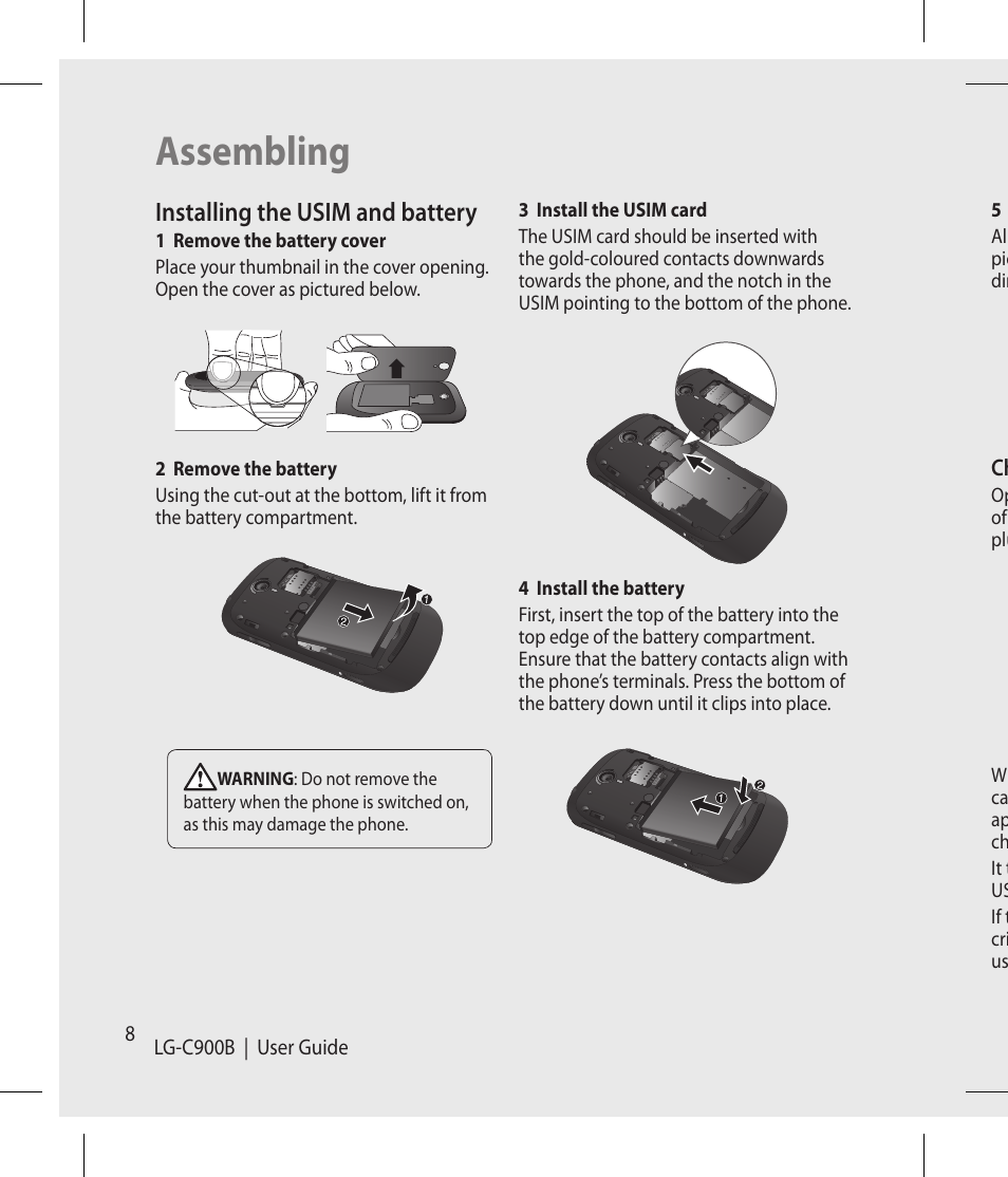 Assembling, Installing the usim and battery | LG -C900B User Manual | Page 8 / 96