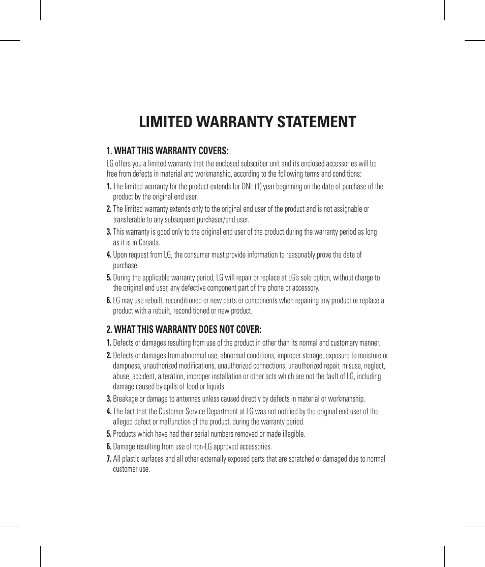 Limited warranty statement | LG -C900B User Manual | Page 95 / 96