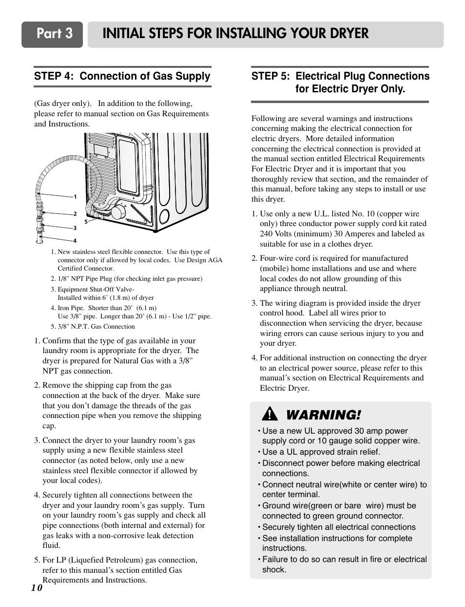 Part 3 initial steps for installing your dryer, Warning, Step 4: connection of gas supply | LG D3788W User Manual | Page 10 / 32