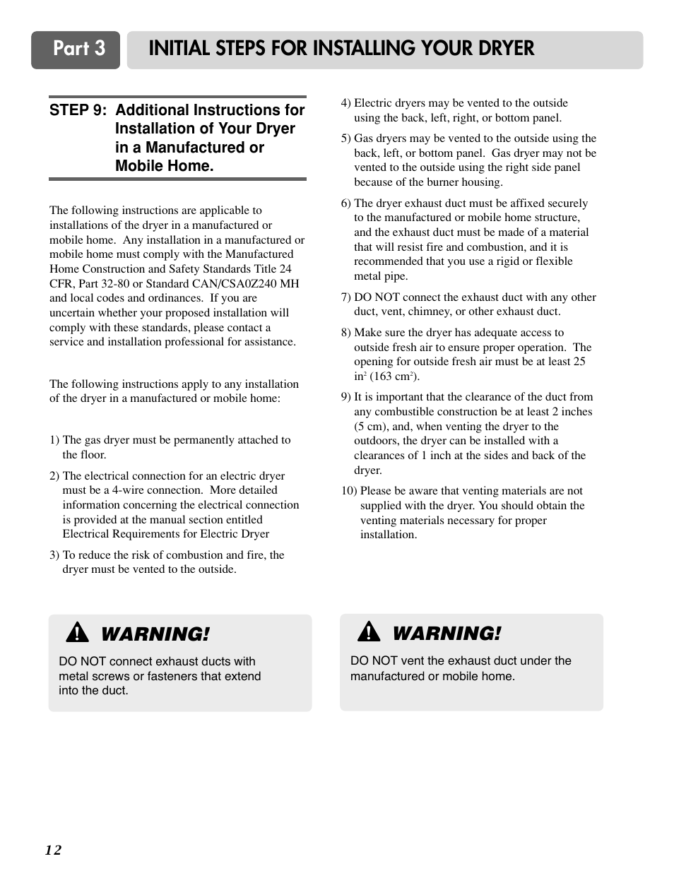 Part 3 initial steps for installing your dryer, Warning | LG D3788W User Manual | Page 12 / 32