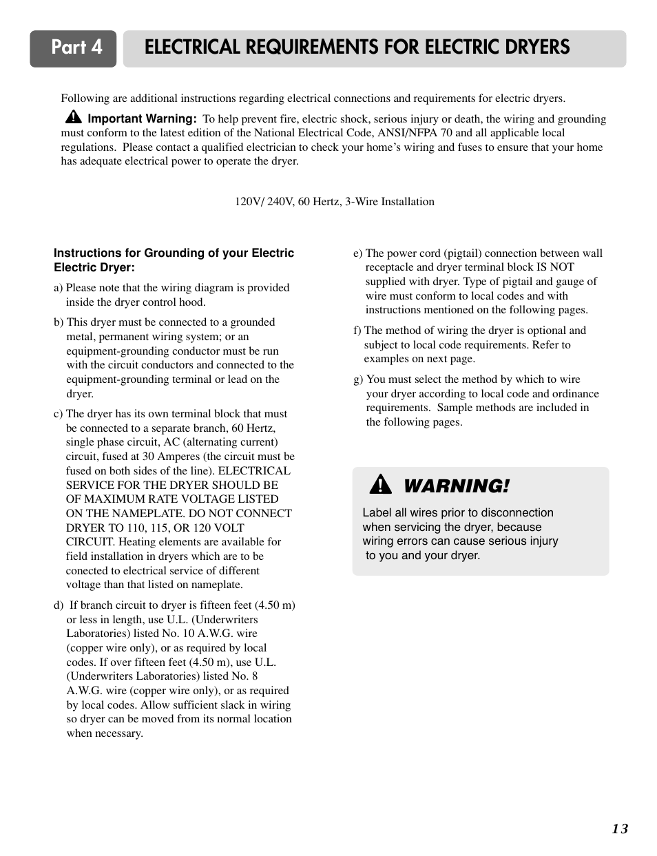 Part 4 electrical requirements for electric dryers, Warning | LG D3788W User Manual | Page 13 / 32