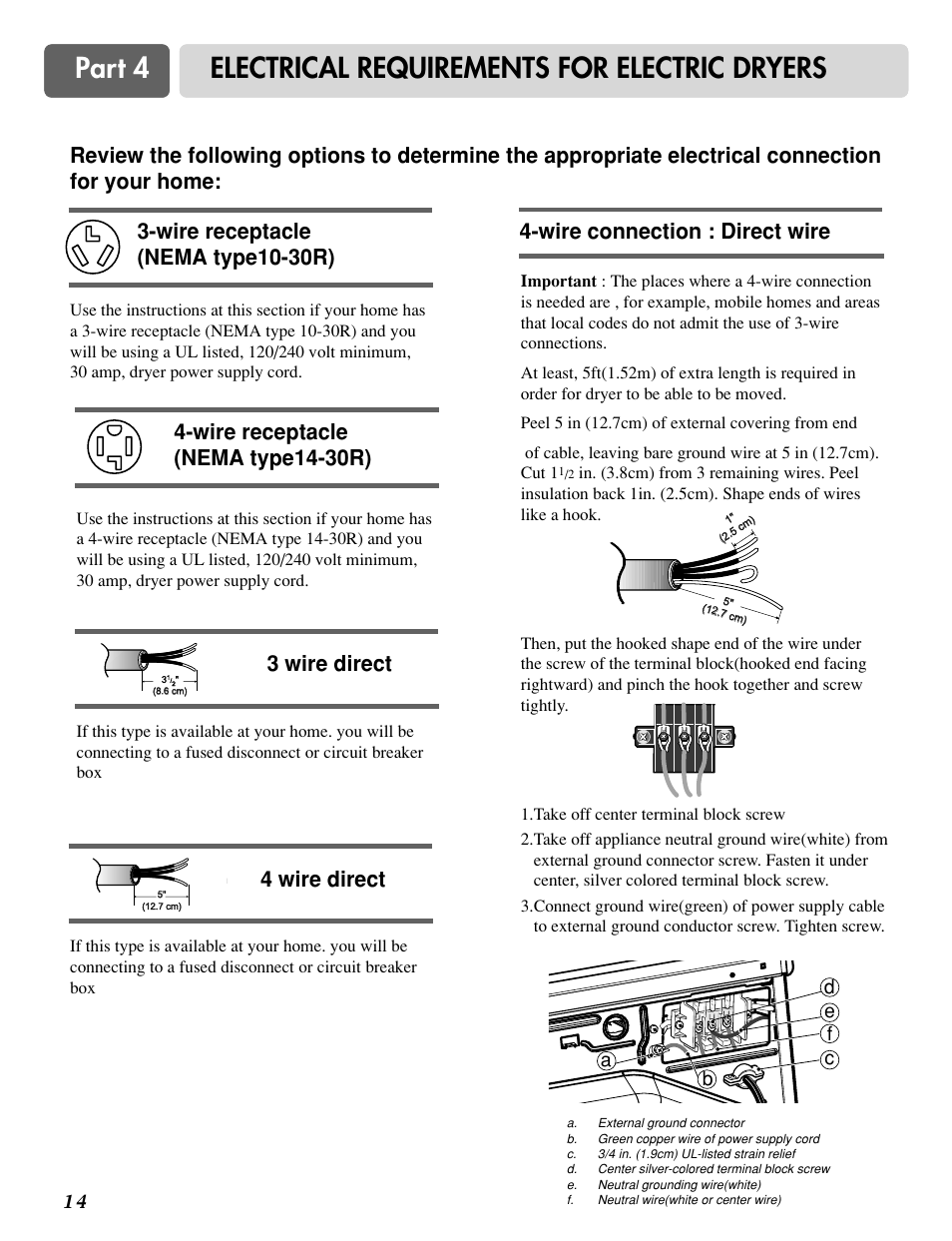 Part 4 electrical requirements for electric dryers, 4 wire direct, Wire connection : direct wire | Wire receptacle (nema type14-30r), 3 wire direct | LG D3788W User Manual | Page 14 / 32