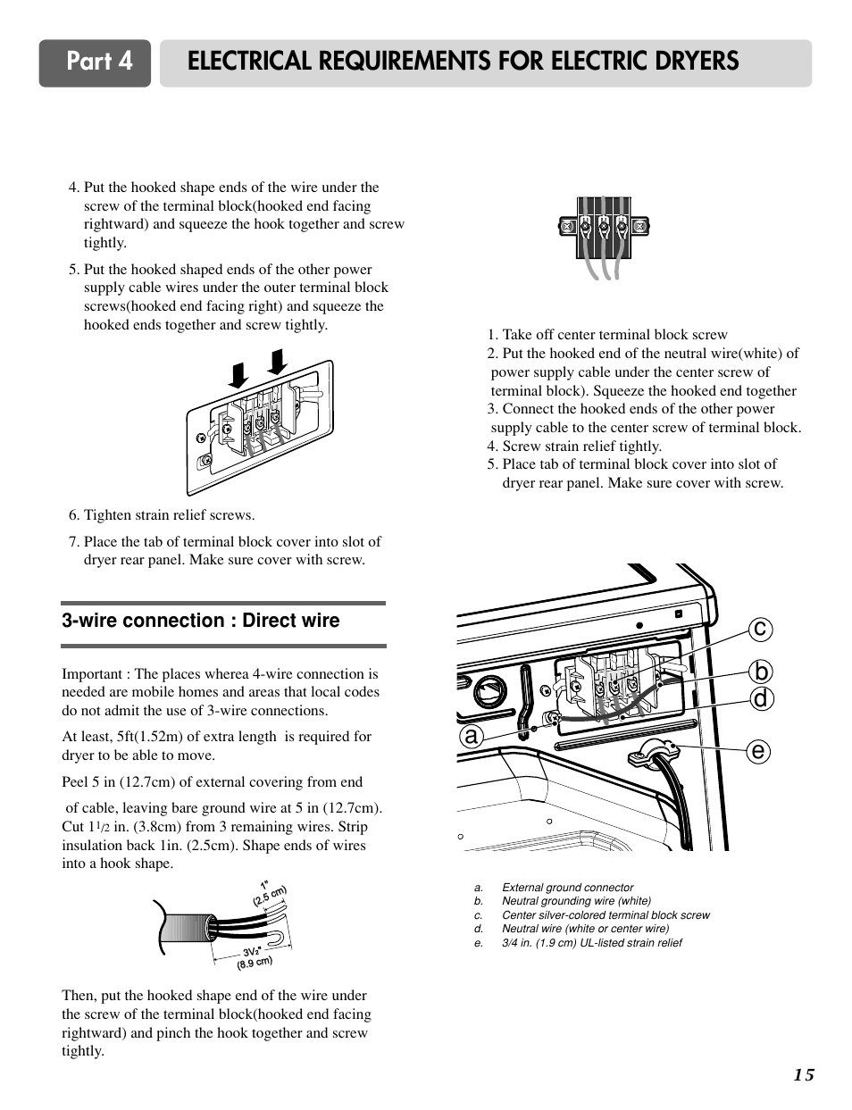 Part 4 electrical requirements for electric dryers, Ea d b c, Wire connection : direct wire | LG D3788W User Manual | Page 15 / 32