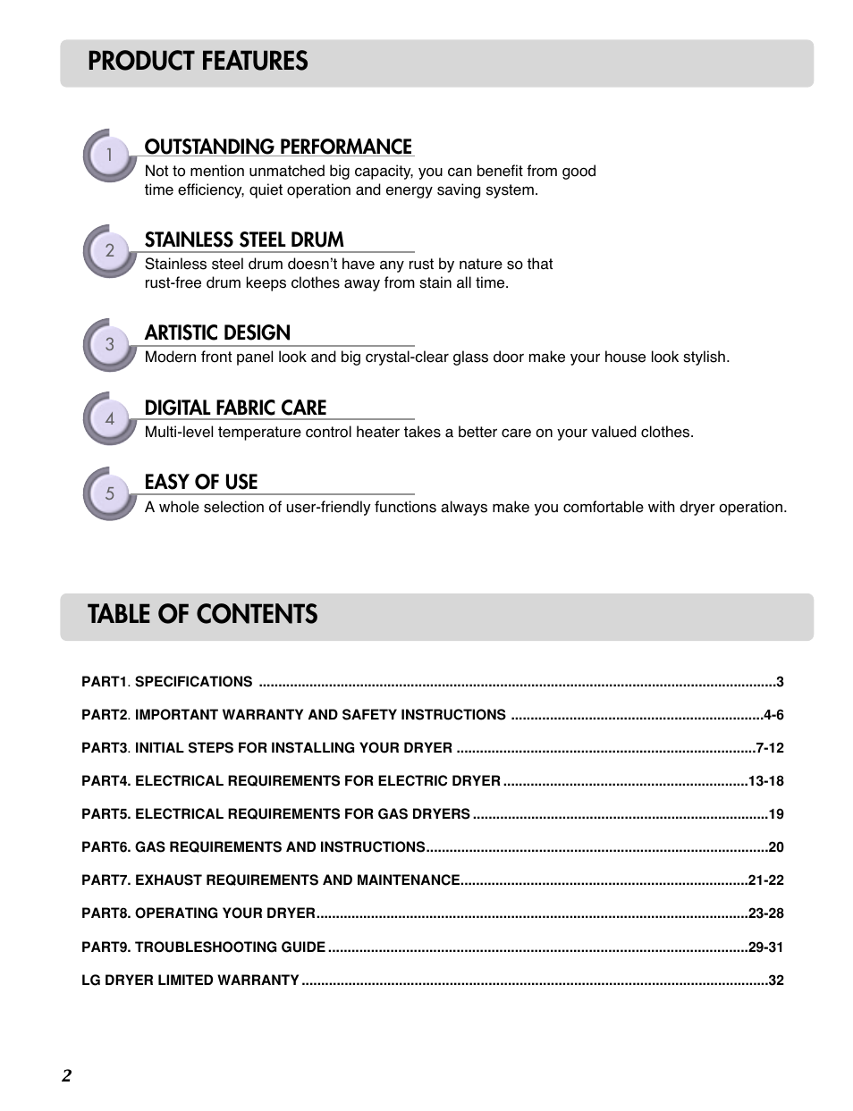 Product features table of contents | LG D3788W User Manual | Page 2 / 32