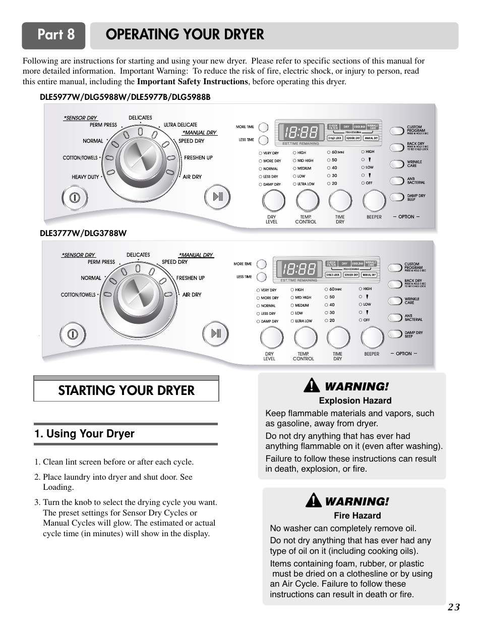 Part 8 operating your dryer, Starting your dryer | LG D3788W User Manual | Page 23 / 32