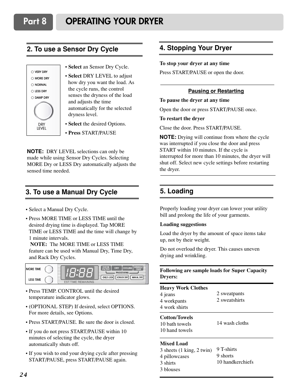 Part 8 operating your dryer | LG D3788W User Manual | Page 24 / 32