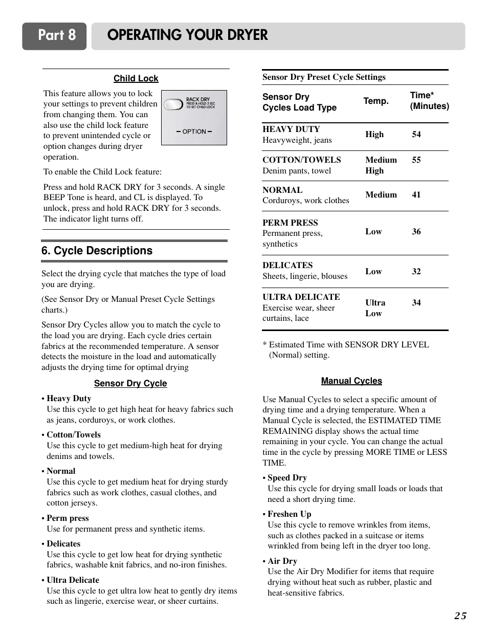 Part 8 operating your dryer, Cycle descriptions | LG D3788W User Manual | Page 25 / 32