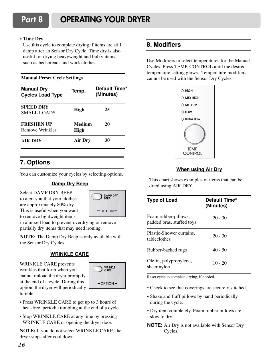 Part 8 operating your dryer, Options, Modifiers | LG D3788W User Manual | Page 26 / 32