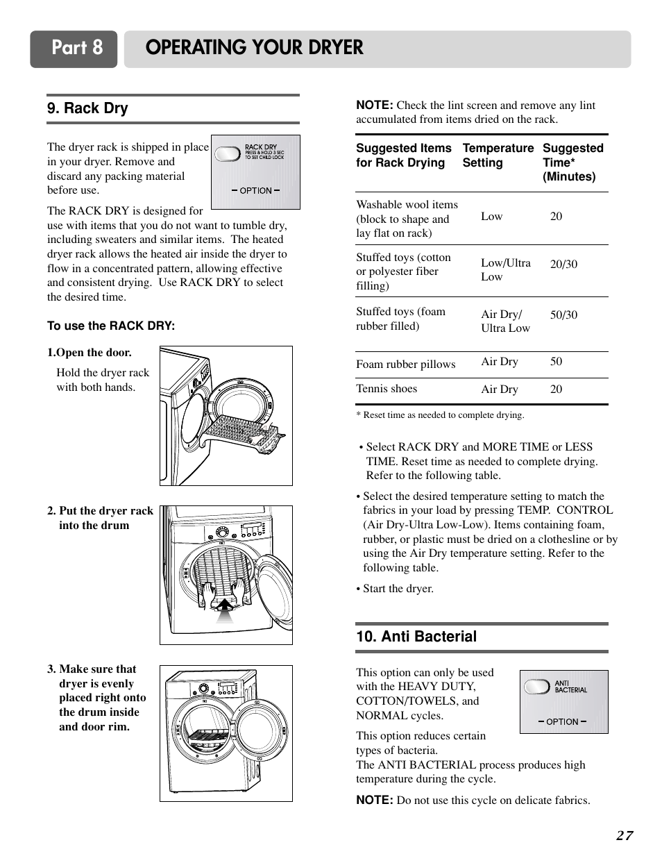 Part 8 operating your dryer | LG D3788W User Manual | Page 27 / 32