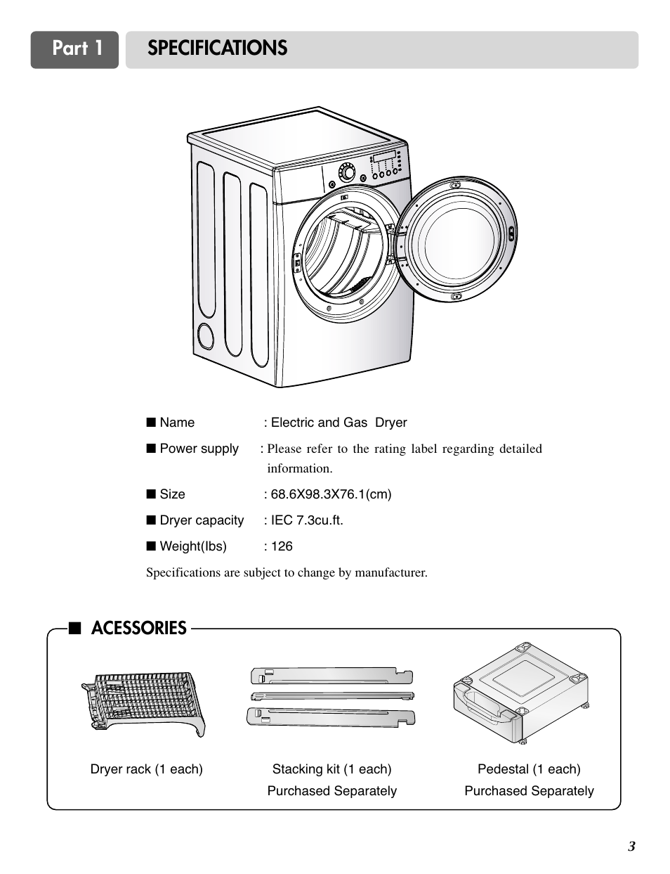 Part 1 specifications, Acessories | LG D3788W User Manual | Page 3 / 32