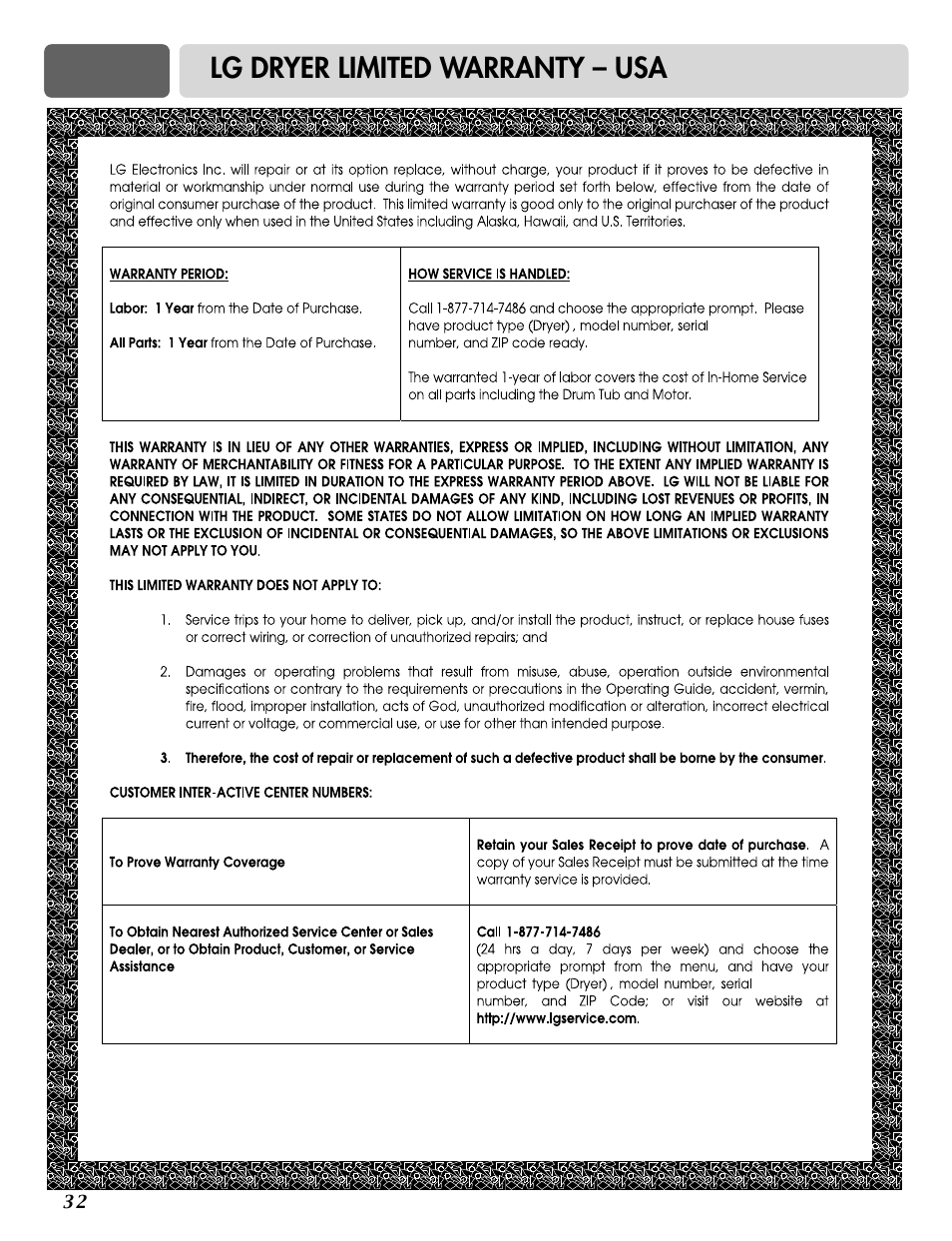 Lg dryer limited warranty – usa | LG D3788W User Manual | Page 32 / 32