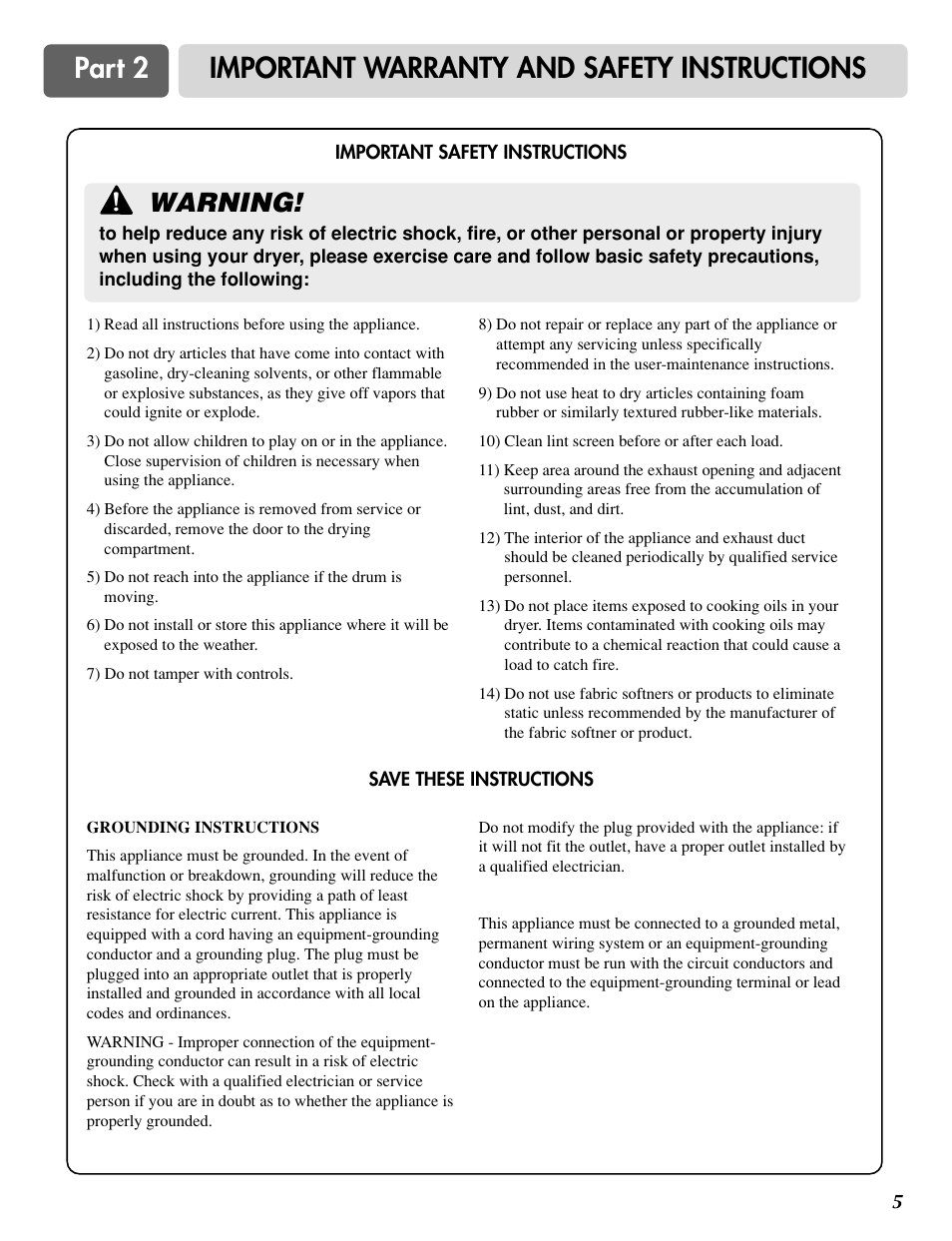 Part 2 important warranty and safety instructions, Warning | LG D3788W User Manual | Page 5 / 32