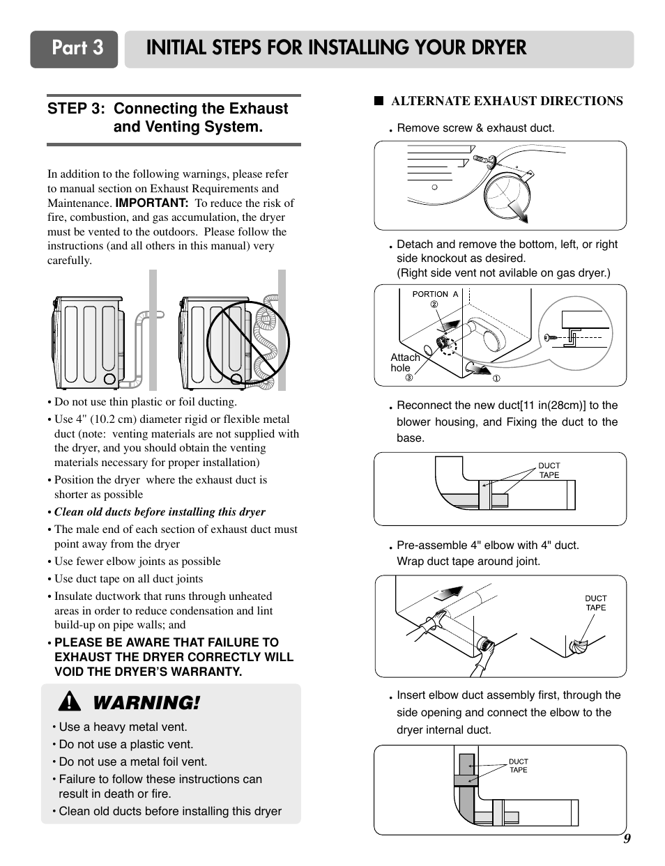 Part 3 initial steps for installing your dryer, Warning | LG D3788W User Manual | Page 9 / 32