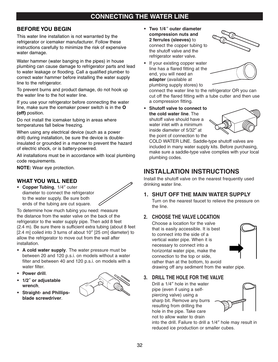 Installation instructions, Connecting the water line | LG LFX25960 User Manual | Page 32 / 40