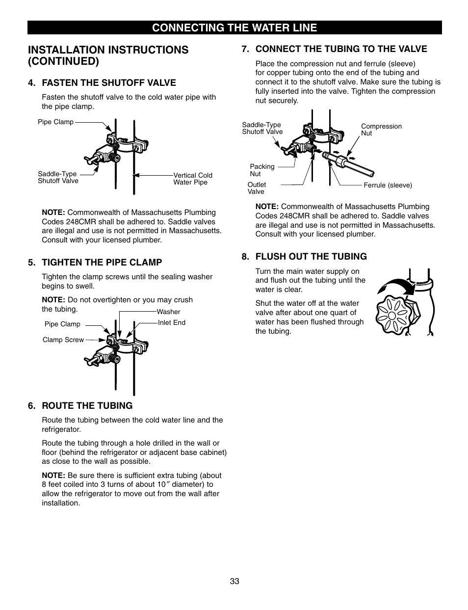 Installation instructions (continued), Connecting the water line | LG LFX25960 User Manual | Page 33 / 40